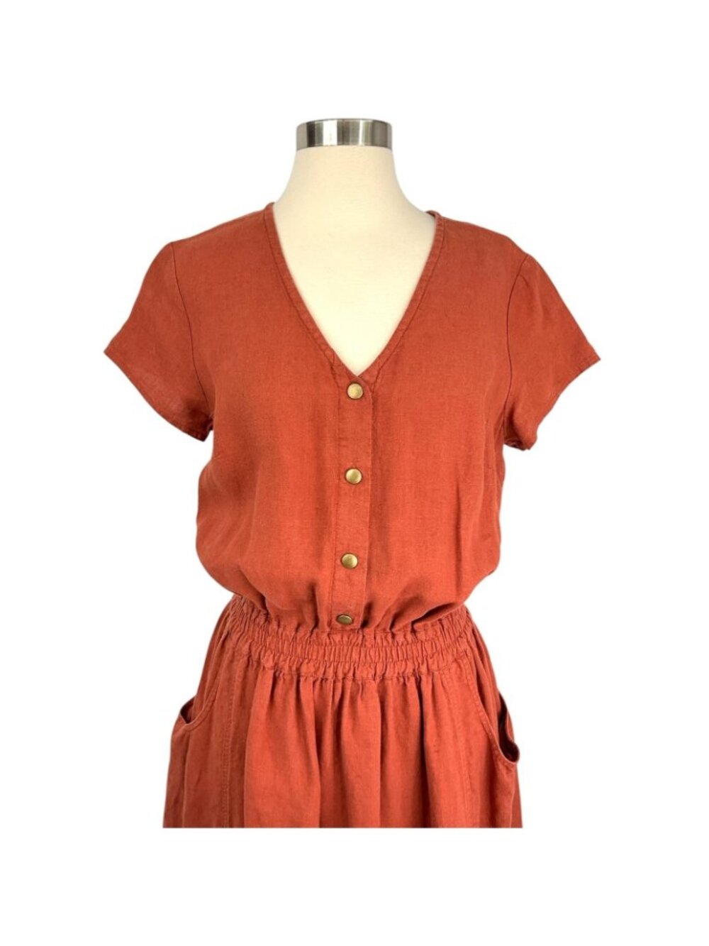 Not Perfect Linen Reine Waisted Linen Dress Womens M Orange Short Sleeve Pockets - Picture 2 of 14